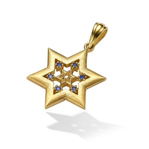 14k Gold Davidstern Anhänger, Jejuda Anhänger, Jüdischer Schmuck, Magen David Halskette, Gelbgold, Diamanten & Saphire Steine