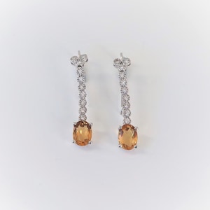 White gold earrings, set with Citrine stone and diamonds, 14k white gold.