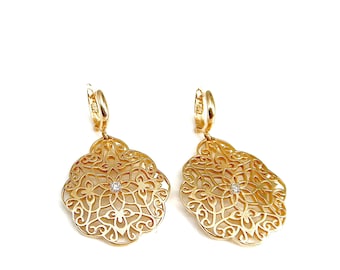 14k Gold Filigree Earrings, Diamond Earrings, Gold Handmade Jewelry