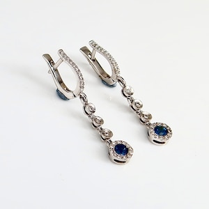 White gold earrings, set with Sapphire stone and diamonds, 14k white gold.