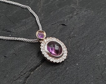 14k White Gold Amethyst Necklace, Diamond Halo Pendant