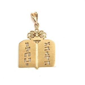 Gold Ten Commandments Pendant, Jewish Jewelry, Gold Jewish Symbol Pendant, decorated with a small crown on top, 14k Yellow Gold.