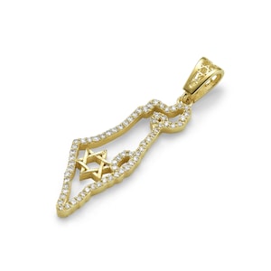 Diamanten Karte von Israel Anhänger mit Davidstern, Goldanhänger, Israel Designer, Jejuda Schmuck, Jüdischer Anhänger, 14K Gelb- und Weißgold
