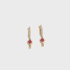Yellow gold earrings, set with Ruby stone and diamonds, 14k yellow gold.