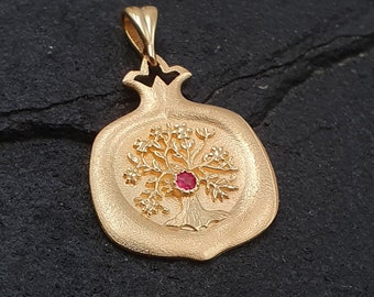 14k Gold Pomegranate Tree of Life Pendant, Pomegranate Necklace, Judaica Pendant, Jewish Jewelry, Ruby Jewelry, Yellow Gold Pendant