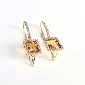 Yellow gold earrings, set with Citrine stone and diamonds,14k yellow gold.