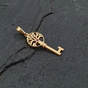 May include: A gold-toned key pendant with a tree of life design and a red gemstone in the center.