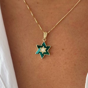 14k Gold Davidstern Anhänger, Eilat Stein, Magen David mit Diamant, jüdischer Anhänger, Diamant Schmuck, grüner Eilat Stein, Magen David