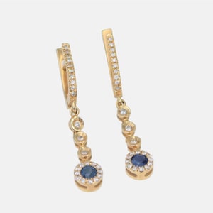 Yellow gold earrings, set with Sapphire stone and diamonds, 14k yellow gold.