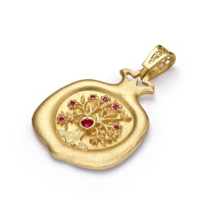 14k Gold Pomegranate Pendant, Tree of Life Pendant, Judaica Pendant, Jewish Jewelry, Ruby Stone, Israel Designer, Yellow Gold Pendant