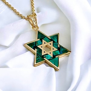 14k Gold Star of David Pendant, Eilat Stone, Magen David with Eilat stone, Jewish Pendant, Israel Jewelry, Green Eilat Stone, Magen David
