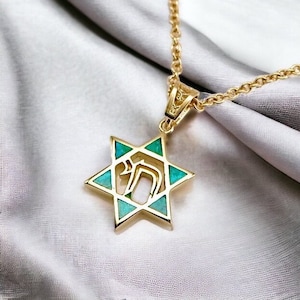 14k Gold Star of David Pendant, Eilat Stone, Magen David with Eilat stone, Jewish Pendant, Israel Jewelry, Chai Pendant, Green Eilat Stone