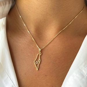 14k Gold Karte von Israel Anhänger mit Diamanten Davidstern, Goldanhänger, Israel Designer, Jejudaica Schmuck, Gelb & Weißgold Halskette
