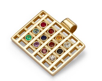 Ciondolo Hoshen in oro 14k, 12 tribù di Israele, gioielli ebraici