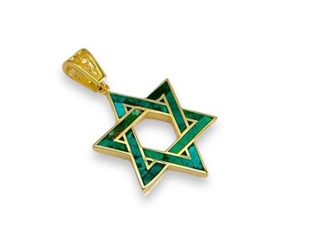 14k gouden Davidster-hanger, Eilat-steen, Magen David met Eilat-steen, Joodse hanger, sieraden van Israël, groene Eilat-steen, steun Israël