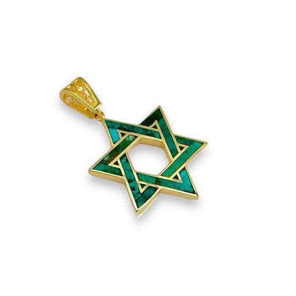 14k Gold Star of David Pendant, Eilat Stone, Magen David with Eilat stone, Jewish Pendant, Israel Jewelry, Green Eilat Stone, Support israel