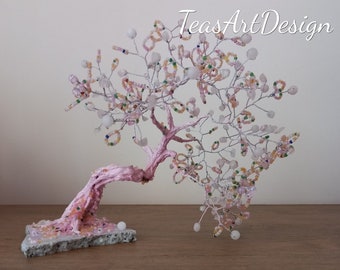 One of a kind is in California and Is ready to go!Wire tree sculpture, pink quartz tree, beaded tree, wire tree statue, personal gift