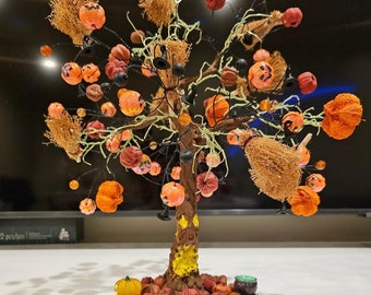 Handcrafted Halloween Tree: Witch & Pumpkin Decor, 12 inch