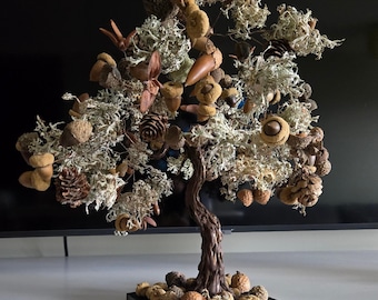 Handcrafted Wire Oak Tree Sculpture with Acorns & Moss