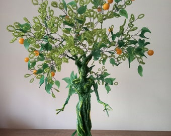 Handcrafted Wire Forest Elf Tree Sculpture: Beaded Magic Tree Statue