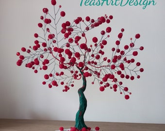 Wire Tree Sculpture: Red Velvet Look, Stone Base, Christmas Decor