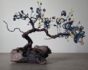 Wire Tree Sculpture: Beaded Amethyst Bonsai Tree Statue
