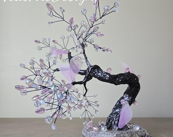 Butterfly Bonsai: Wire Tree Sculpture with Pink Beads
