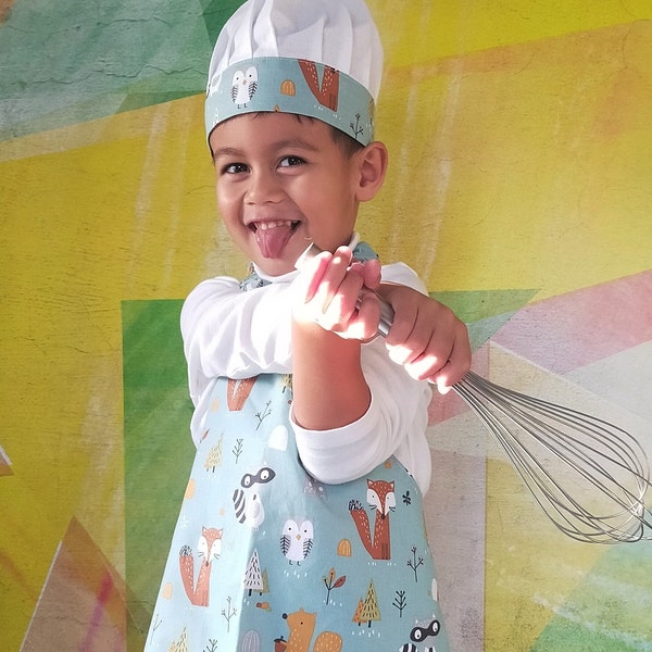 Tablier et toque mini chef original fait main - Tablier de cuisine pour enfant personnalisé - Cadeau 2 à 6 ans - Anniversaire - Déguisement