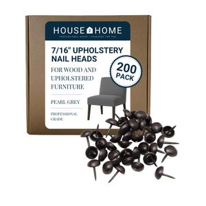 May include: A box of pearl grey upholstery nail heads, 7/16 inch in size, for wood and upholstered furniture. The box includes 200 nail heads and features the "House 2 Home" logo. A small gray chair is pictured on the box.