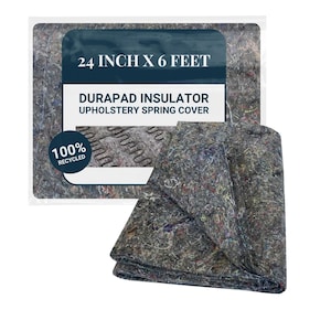 May include: A gray Durapad insulator upholstery spring cover, 24 inches by 6 feet, made from 100% recycled materials. The product is folded, revealing its textured surface and the text "DURAPAD INSULATOR UPHOLSTERY SPRING COVER".