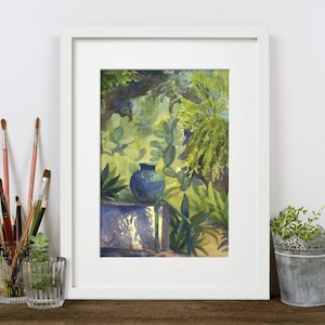 Framed Blue Vase Watercolor Painting Decorative Art Print