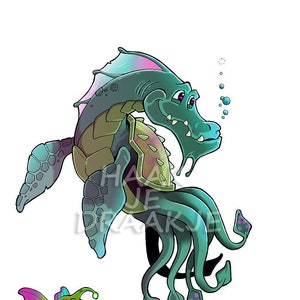 Op de afbeelding: Een cartoonillustratie van een groen en blauw zeedier met een schelp op zijn rug en tentakels. Het wezen glimlacht en heeft een roze vin op zijn kop. Een kleine, kleurrijke vis met een groene vin zwemt onder het wezen.