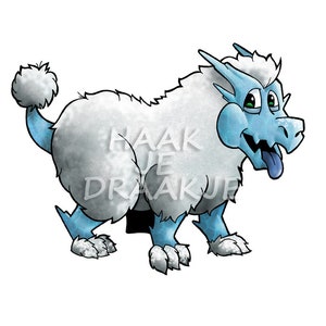 Op de afbeelding: Een cartoonillustratie van een blauwe en witte draak met een pluche wit lichaam en een blauwe kop en staart. De draak heeft een brede, tandenrijke grijns en steekt zijn tong uit.