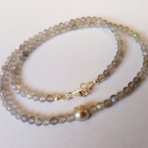 Labradorite necklace and gray pearl. Natural stone necklace