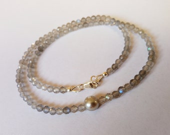 Labradorite necklace and gray pearl. Natural stone necklace