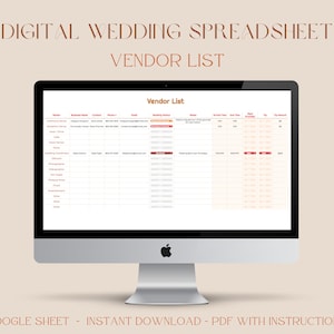 Op de afbeelding: Een digitale bruiloft leverancierslijst spreadsheet op een computerscherm. De spreadsheet heeft de titel "Leverancierslijst" en bevat kolommen voor leveranciersnaam, contactgegevens, boekingsgegevens en betalingsinformatie.