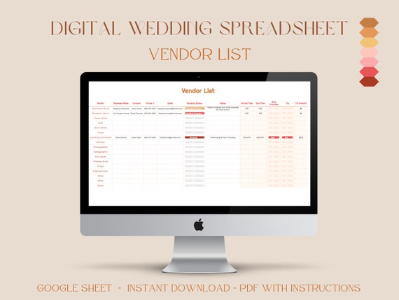 Digital Wedding Spreadsheet | Vendor List | Wedding Planning Spreadsheet | Google Sheets Template