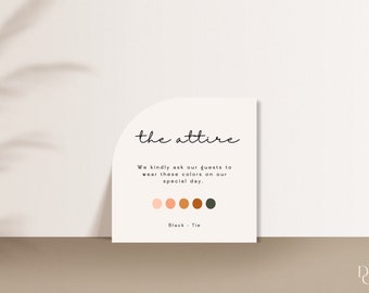 Könnte beinhalten: Eine weiße Karte mit abgerundeten Ecken und dem Text "the attire" in schwarzer Schrift. Die Karte enthält auch den Text "We kindly ask our guests to wear these colours on our special day." und eine Farbpalette aus fünf Kreisen: hellrosa, Pfirsich, Orange, Braun und Dunkelgrün. Der Text "Black Tie" befindet sich am unteren Rand der Karte.