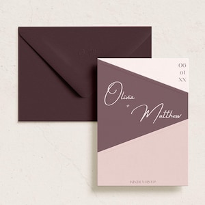 Peut inclure: Une invitation de mariage avec un design géométrique dans des tons de rose et de violet. L'invitation présente les noms "Olivia + Matthew" et la date "06 01 XX".