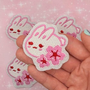 Kawaii Mochi Bunny Iron On Patch – Sakura Embroidered Rabbit Applique – Cute Japanese Anime Style Badge – Small Pastel Jacket Patch
