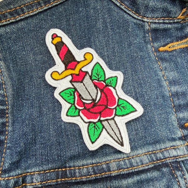 Dagger and Rose Embroidery Patch Iron, American Traditional Tattoo Style