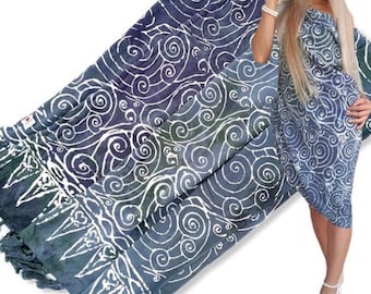Blue Batik Sarong | Swirl Beach Cover Up | Bali Wrap Skirt | Resort Pareo
