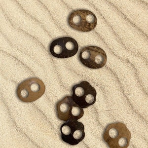 May include: A collection of oval-shaped, natural-toned coconut shell buttons with two holes each. The buttons vary in color from light tan to dark brown, scattered on a sandy surface. These buttons are ideal for sewing and craft projects.