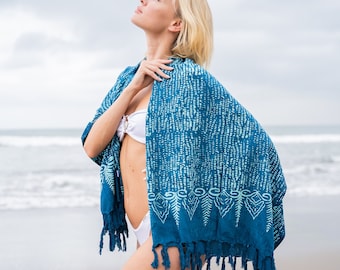 Indigo Batik Sarong | Brushstroke Beach Cover Up | Bali Wrap Skirt | Resort Pareo