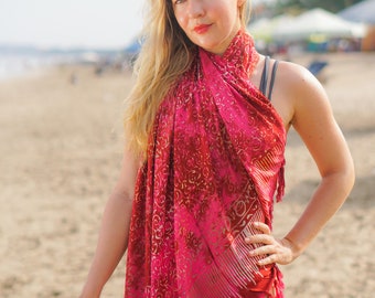 Raspberry Gold Batik Sarong | Swirl Beach Cover Up | Bali Wrap Skirt | Resort Pareo