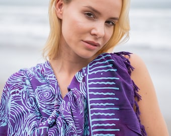 Sarong Wrap Skirt Women, Purple Swirl Batik, Bali Beach Cover Up, Handmade Pareo, Boho Resort Wear