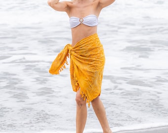 Yellow Batik Sarong | Swirl Beach Cover Up | Bali Wrap Skirt | Resort Pareo