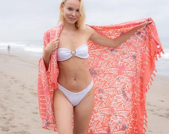 Coral Batik Sarong | Leaf Beach Cover Up | Bali Wrap Skirt | Resort Pareo