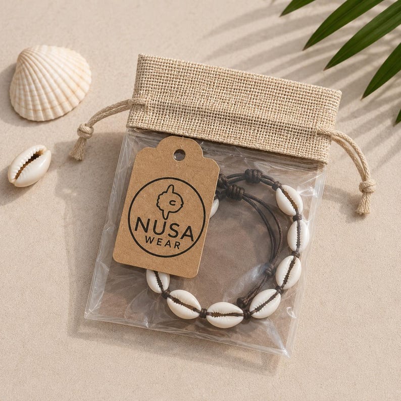 May include: A brown cord bracelet featuring white cowrie shells inside a clear plastic bag with a tan hessian top. A brown cardboard tag is attached to the front, printed with the text NUSA WEAR and a circular logo featuring a fish outline.