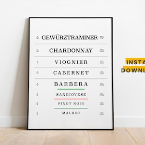 Könnte beinhalten: Ein gerahmter Druck mit schwarzem Rahmen, der einen weißen Hintergrund und eine Liste von Weinsorten in einer klaren, serifenlosen Schrift zeigt. Die Worte "INSTANT DOWNLOAD" befinden sich in einem gelben Rechteck. Die Weinnamen sind schwarz, wobei Barbera und Pinot Noir grün hervorgehoben sind.
